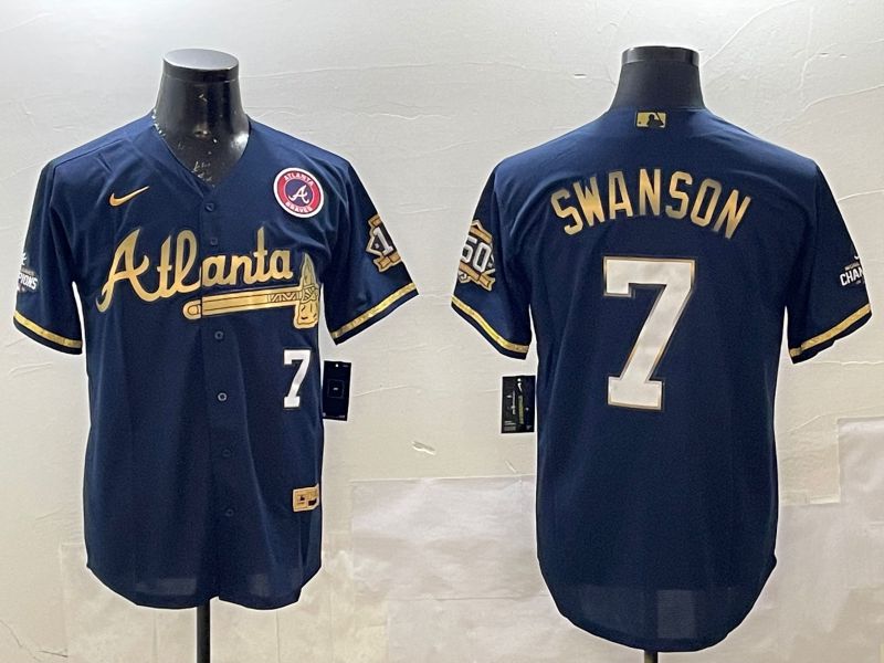 Men Atlanta Braves 7 Swanson Black Gold Game 2025 Nike MLB Jersey style 1